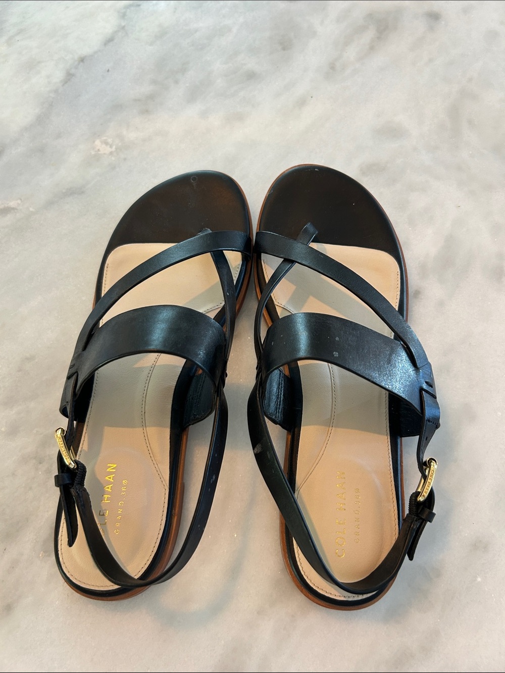 Cole Haan Black Leather Cross-Strap Sandals with Gold Buckles